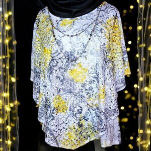 Alfred Dunner white yellow lace butterfly silver chain top